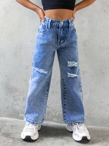 Young Girl Ripped Straight Leg Jeans - Light Wash - View 3