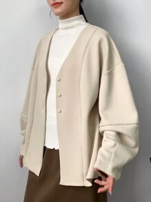 FRIFUL 女士长袖单排扣长款宽松优雅纯色常规外套，秋冬女士夹克 - 杏色 - 查看 3