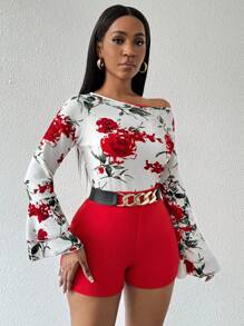 Zolique 2pcs/Set Atasan Wanita Lengan Panjang Leher Bulat Motif Seluruh Permukaan dan Celana Pendek Modis Slim-Fit untuk Musim Gugur - MultiWarna - View 1