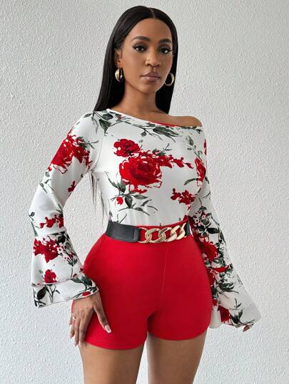 Zolique 2 piezas/Set Parte superior de manga larga con cuello redondo con estampado completo y shorts slim fit de moda para mujer