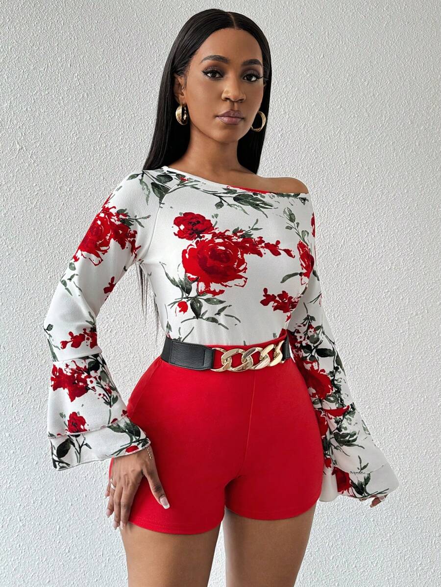 Zolique 2pcs/Set Atasan Wanita Lengan Panjang Leher Bulat Motif Seluruh Permukaan dan Celana Pendek Modis Slim-Fit untuk Musim Gugur - MultiWarna - View 1