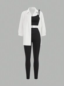 SHEIN LUNE 3pcs Women Airport Outfit Set: Long Sleeve Shirt, Camisole And Leggings - Black and White - View 10