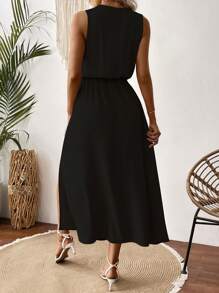 Chiquease Solid Split Thigh Long Dress For Summer Vacation - Black - View 2