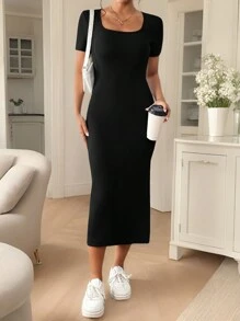 SHEIN Frenchy Solid Split Thigh Dress,Commute,Old Money,Simple,Summer Dresses For Women,Tea Party Dress - Black - View 4