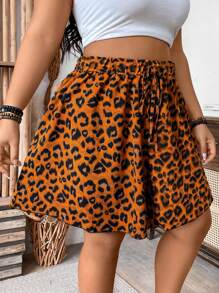 Breezaya Plus Size Leopard Print Paper Bag Waist Tie Casual Vacation Shorts