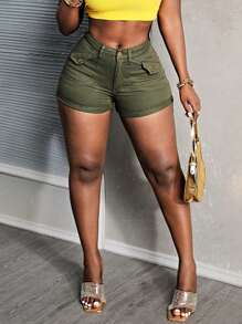 SHEIN Slayr Women Pocket Design Skinny Casual Versatile Denim Shorts - Army Green - View 3