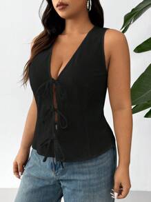 SHEIN EZwear Camisa sin mangas de unicolor de verano informal de talla grande con cordón - Negro - Ver 3