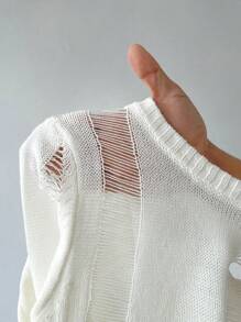 Flirla Sexy Distressed Sweater For Women, Knit Pullover Fall Winter - White - View 8