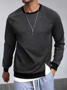 Manfinity Homme Men's Round Neck Raglan Sleeve Loose Casual Sweatshirt, Spring Autumn - Black - View 4