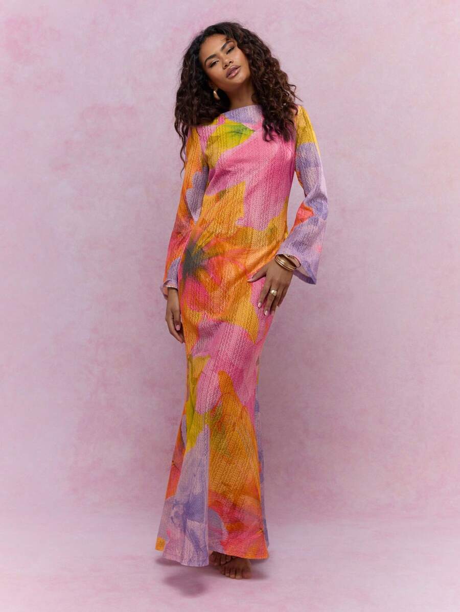 long sleeve scoop back maxi dress Long Sleeve Scoop Back Split Leg Maxi Dress In Blue Textured Knit | EGO US