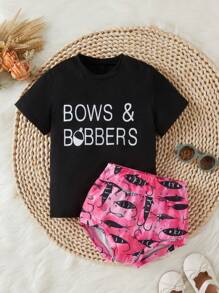 2 cái/bộ Bộ áo thun ngắn tay và quần short in hình hoạt hình dành cho bé gái mới biết đi, mùa hè - Nhiều màu - Xem 1