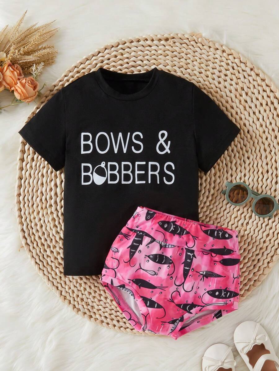 2 cái/bộ Bộ áo thun ngắn tay và quần short in hình hoạt hình dành cho bé gái mới biết đi, mùa hè - Nhiều màu - Xem 1