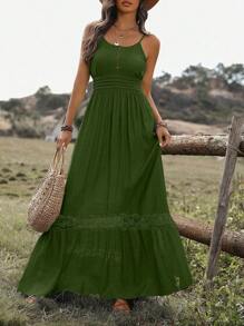 Breezaya Solid Color Spaghetti Strap Front Button Pleated Minimalist Casual Dress For Holiday Maxi Vacation Beach Outfits Women - Dark Green - View 4