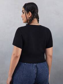 Rick and Morty X SHEIN 大码黑色朋克风格卡通图案修身短袖针织上衣