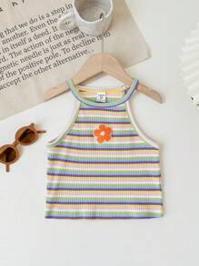 SHEIN Tween Girl Knit Floral Patch Colorful Striped Pullover Casual Tank Top - Baby Blue - View 1