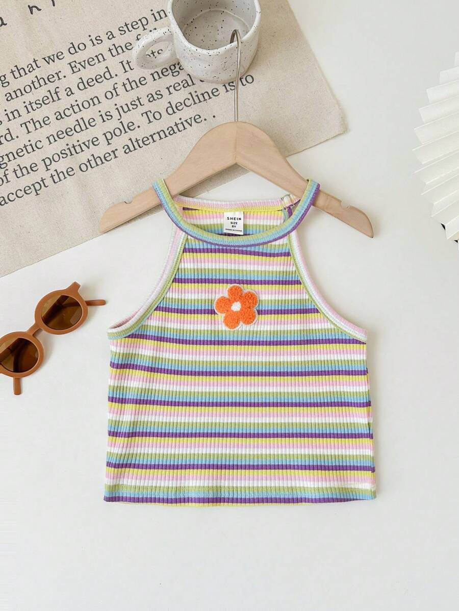 SHEIN Tween Girl Knit Floral Patch Colorful Striped Pullover Casual Tank Top - Baby Blue - View 1