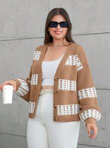 RueChic Cardigan de talla grande con bloques de color y botones para el otoño