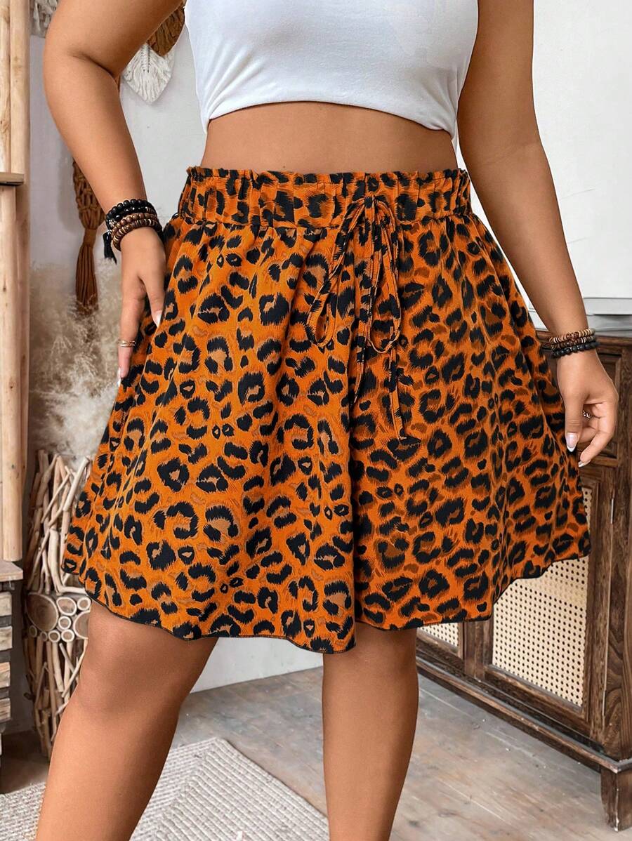 Breezaya Plus Size Leopard Print Paper Bag Waist Tie Casual Vacation Shorts