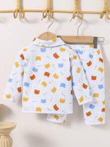 2pcs Casual Baby Boy Full Print Bear Graphic Long Sleeve Cardigan And Pants Lounge Set - Multicolor - View 2