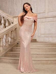 全新亮片露肩派对礼服 女士优雅美人鱼长拖尾晚礼服，春夏 - 香檳色 - 查看 5