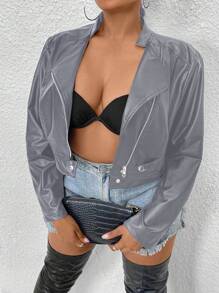SHEIN ICON 大码长袖短款皮夹克，休闲日常穿着 - 霧霾藍 - 查看 7