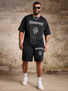 Manfinity Roughcore 2pcs Plus Size Men's Casual Letter & Cross Printed Drop Shoulder Graphic Tee And Shorts Set, Summer - Black - View 7
