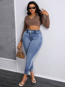 SHEIN SXY Plus Size Front Button Closure Denim Wide Leg Tapered Pants, Casual Daily Wear - Medium Wash - View 5