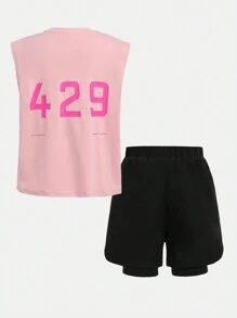 SHEIN Tween Boy Knitted Solid Color Letter Print Vest And Anti-Walk Shorts Sports Set - Multicolor - View 10