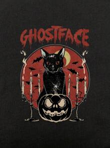 ROMWE Goth 女式哥特式深色南瓜、蝙蝠、猫印花图案宽松圆领 T 恤 - 黑色 - 查看 3