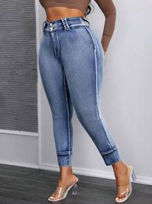 SHEIN SXY Plus Size Front Button Closure Denim Wide Leg Tapered Pants, Casual Daily Wear - Medium Wash - View 7
