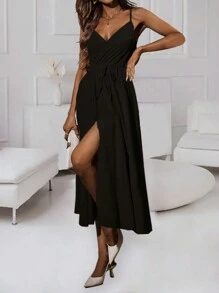 Chiquease 夏季V領純色交叉式下擺背心裙 - 黑色 - 查看 6
