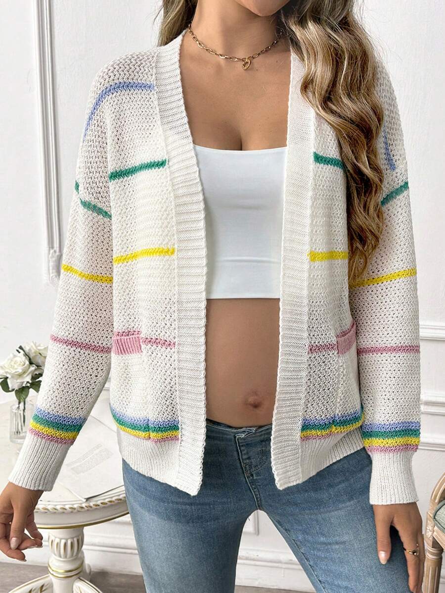 SHEIN 孕妇休闲宽松落肩条纹开衫，秋冬，孕妇装 - 彩色 - 查看 1