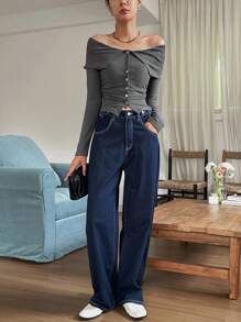 DAZY Women's Solid Color Off-Shoulder Buttoned Collared T-Shirt, Casual Daily Wear