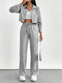 ZIRRA Conjunto de 2 piezas de camisa de manga larga de unicolor y pantalones casuales para mujer - Gris - Ver 4