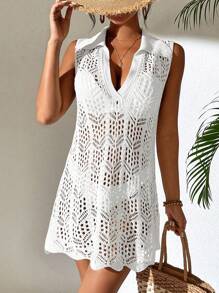 SHEIN Swim 女士纯色翻领贝壳边透明无袖沙滩裙夏季 - 白色 - 查看 3