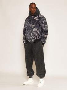 SUMWON Streetwear Bomber Jacket Urban Style Distressed Pattern All Over Print Military Inspired Full Zip Hooded Outerwear Fall Winter Collection Tactical Design - Black - View 5