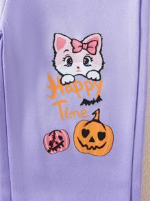 2 件装女婴南瓜和小猫印花羊毛运动衫和裤子套装，2024 年秋冬万圣节 - 紫色 - 查看 4