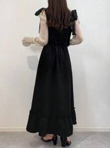 FRIFUL 2pcs Women's Solid Color Elegant Tie Fitted Soft Top And Skirt,Ruffle