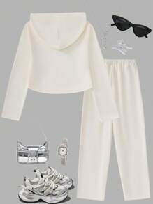 SHEIN 2pcs/Set Teen Girl Spring&Autumn Letter Printed Hoodie Sweatshirt And Loose Pants Casual Outfit - Apricot - View 2