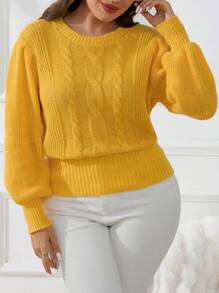 CosyJoli Suéter de punto de jacquard amarillo de manga farol, de cuello redondo y manga larga, elegante estilo universitario, para invierno. Suéter de invierno para adolescentes