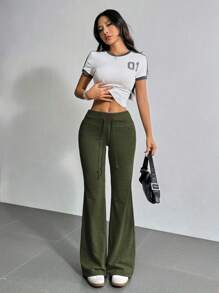 SHEIN EZwear Drawstring Waist Flare Leg Sweatpants - Army Green - View 6