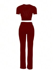 INAWLY 2 chiếc áo nữ cổ tròn in chữ tay ngắn và quần dây rút Bộ đồ thường ngày - Màu Đỏ Sâu - Xem 4