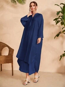 Mulvari Cổ có Lỗ hổng Viền chia cắt Áo sơ mi - Màu xanh hải quân - Xem 5