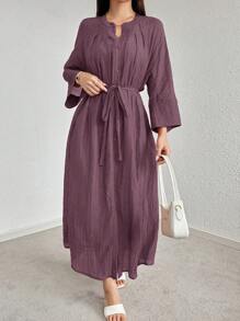 Mulvari Đầm thường ngày tay cánh dơi cài nút màu trơn mùa xuân hè cho nữ - Bụi tím - Xem 4