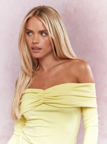 MISSGUIDED Blusa Bardot ajustada con mangas largas y hombros descubiertos con pliegues