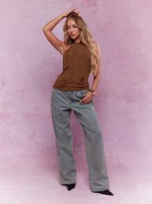 MISSGUIDED 紋理十字背心領綁帶閉合上衣 - 咖啡棕 - 查看 4