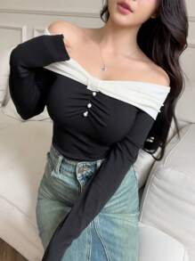 Modelyn Women's Contrast Color Off-Shoulder Long Sleeve Pleated Slim Fit T-Shirt, Spring-Summer - Black and White - View 2