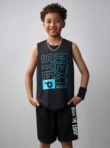 SHEIN Tween Boy Knitted Printed Vest With Slanted Pockets And Drawstring Shorts Sports Two-Piece Set - Black - View 6