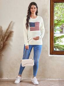 SHEIN Maternity Women 4th Of July American Flag Pattern Round Neck Casual Long Sleeve Sweater, For Winter - White - View 3