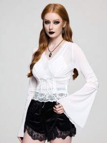 ROMWE Goth Sexy V-Neck Contrast Lace Bell Sleeve Blouse - White - View 2